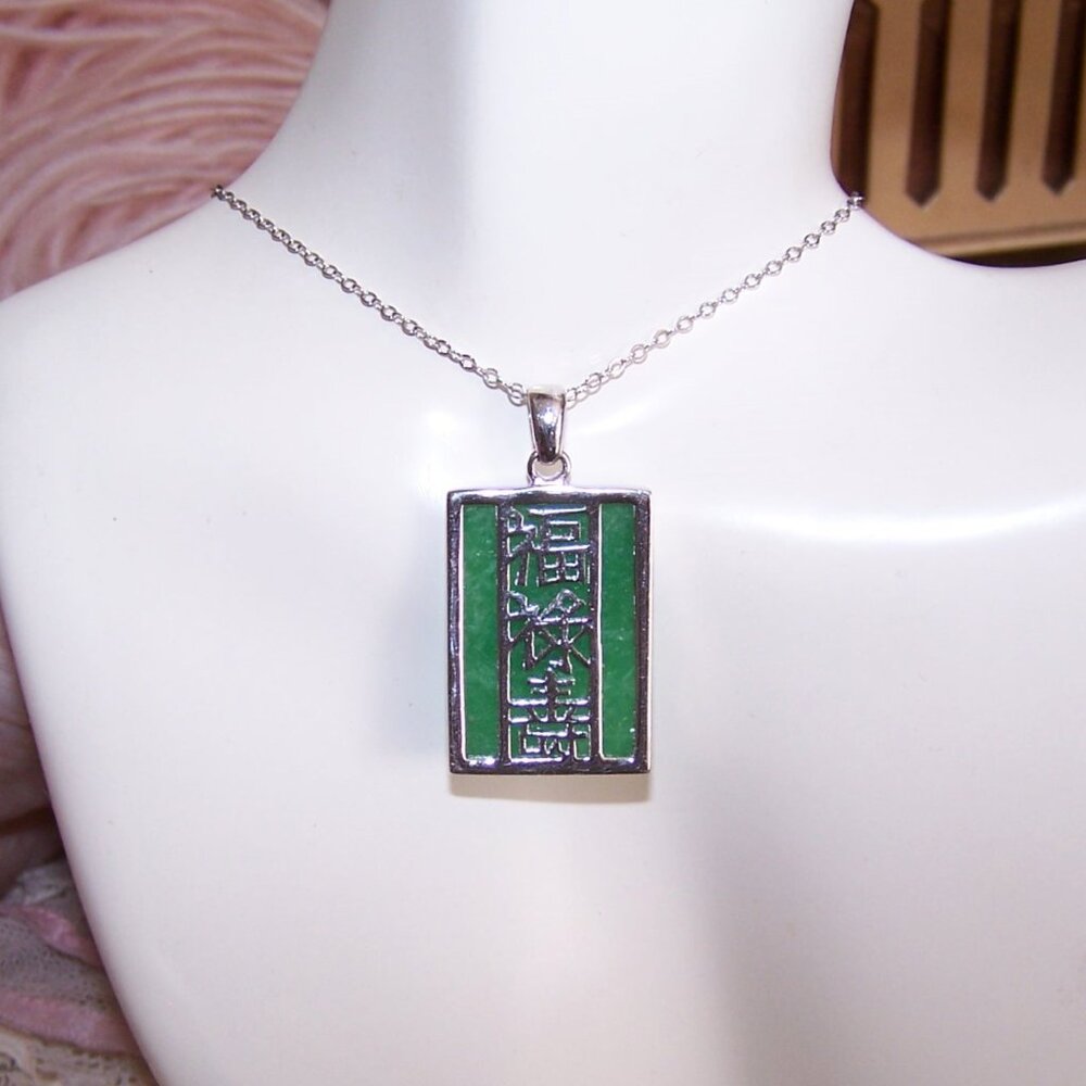 Vintage Sterling Silver Green Jade Jadeite Rectangle Pendant